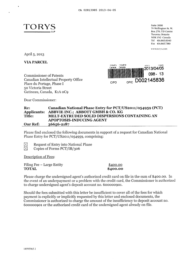 Canadian Patent Document 2813985. Assignment 20130405. Image 1 of 4