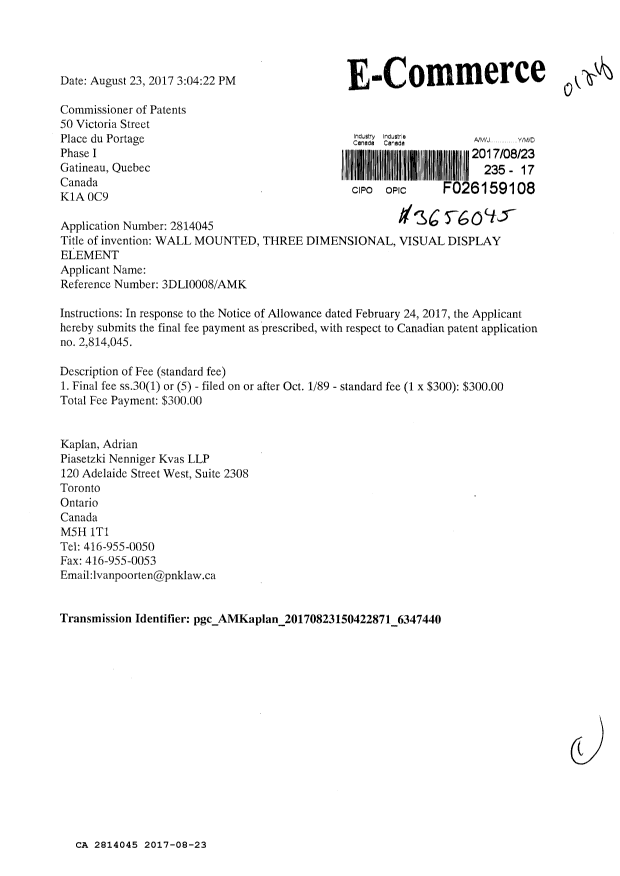 Document de brevet canadien 2814045. Correspondance 20161223. Image 1 de 1
