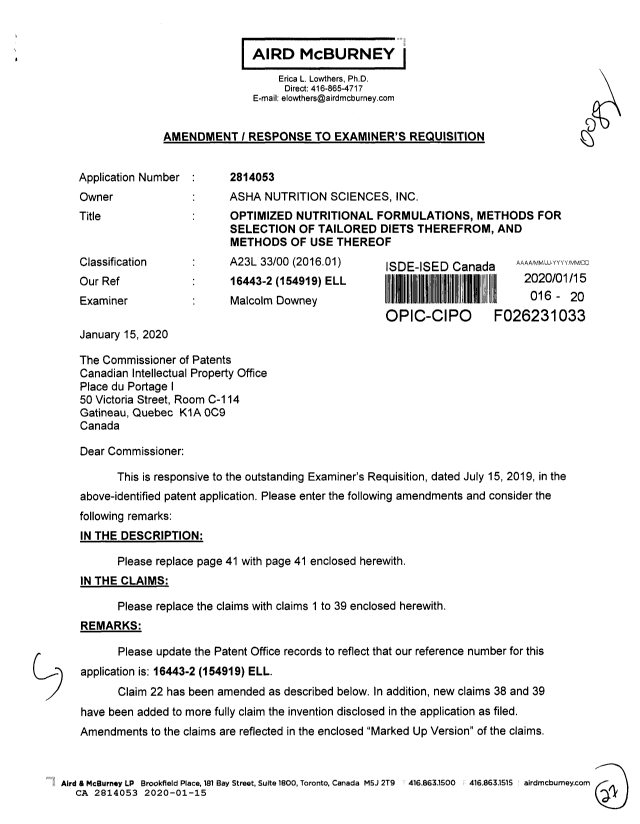Document de brevet canadien 2814053. Modification 20200115. Image 1 de 27