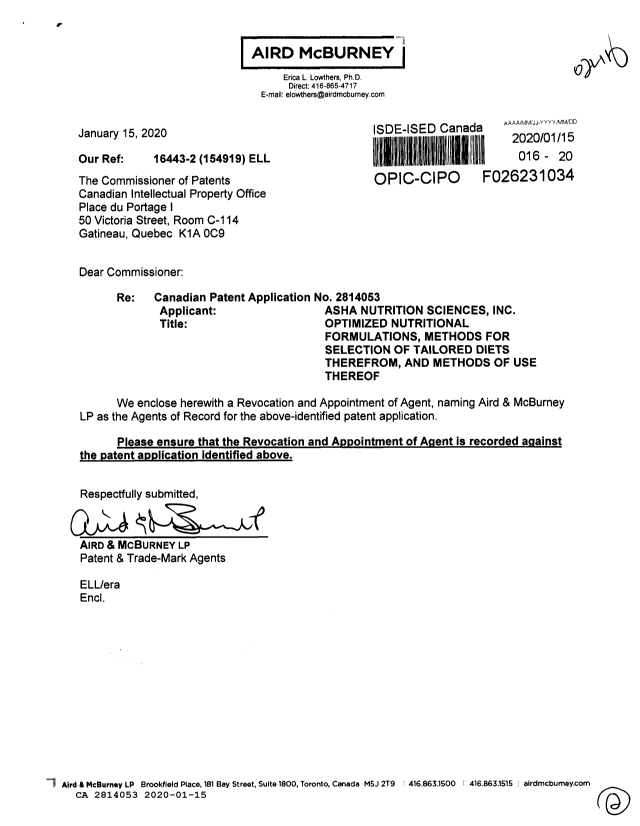 Document de brevet canadien 2814053. Changement de nomination d'agent 20200115. Image 1 de 2