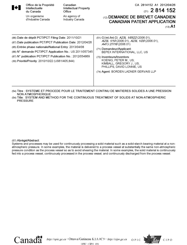 Canadian Patent Document 2814152. Cover Page 20130621. Image 1 of 1
