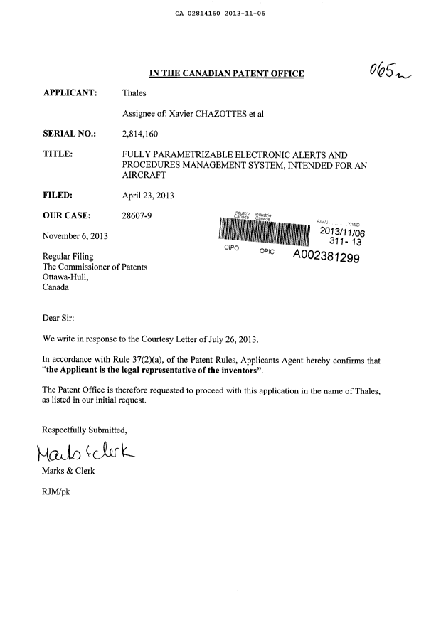 Document de brevet canadien 2814160. Correspondance 20121206. Image 1 de 1