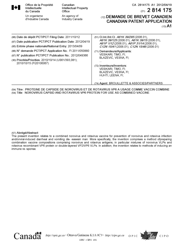 Document de brevet canadien 2814175. Page couverture 20121221. Image 1 de 2
