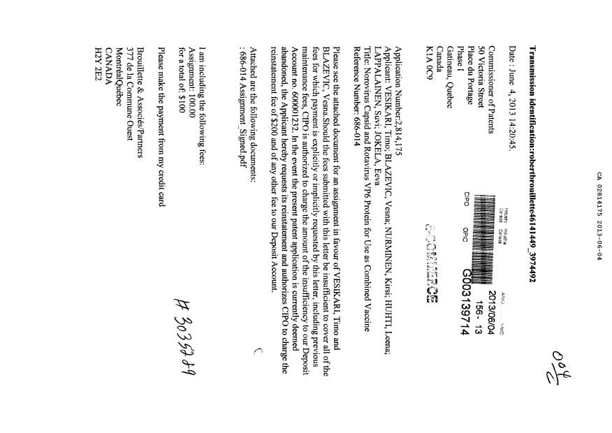 Document de brevet canadien 2814175. Cession 20130604. Image 1 de 3
