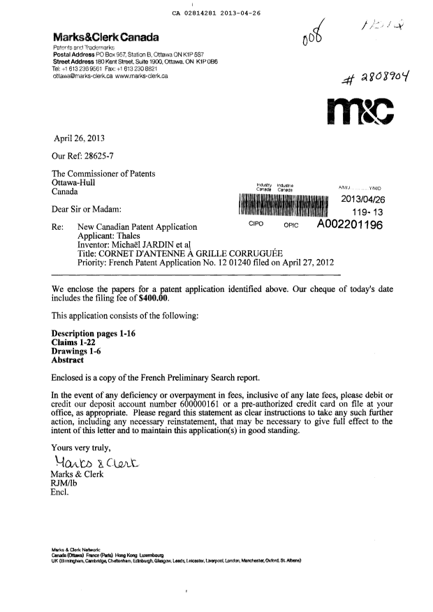 Canadian Patent Document 2814281. Prosecution-Amendment 20130426. Image 1 of 1