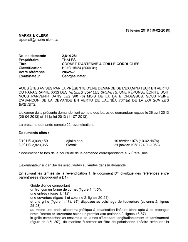 Canadian Patent Document 2814281. Examiner Requisition 20190219. Image 1 of 5