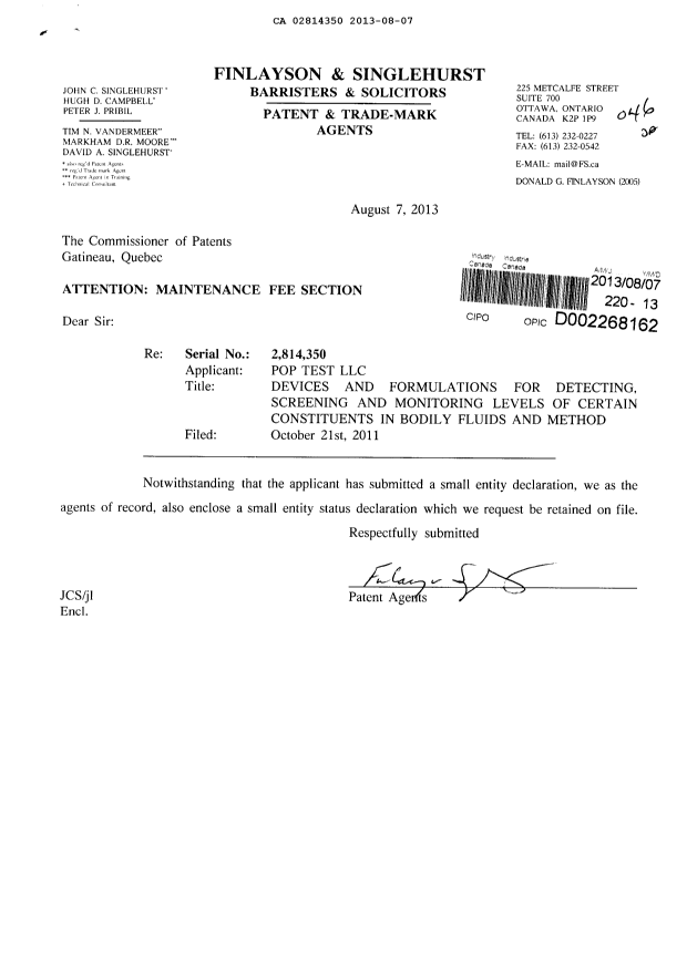 Document de brevet canadien 2814350. Correspondance 20121207. Image 1 de 2
