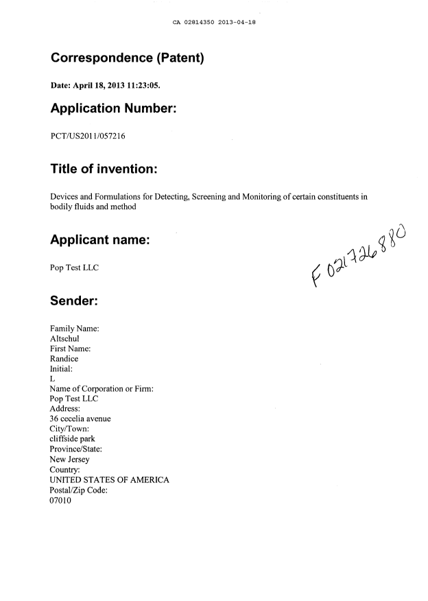 Document de brevet canadien 2814350. Cession 20130418. Image 2 de 6
