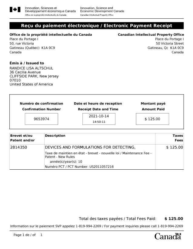 Document de brevet canadien 2814350. Paiement de taxe périodique 20211014. Image 1 de 1