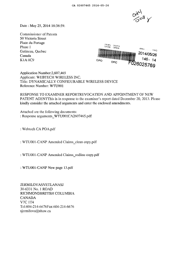 Document de brevet canadien 2814363. Correspondance 20131226. Image 1 de 11