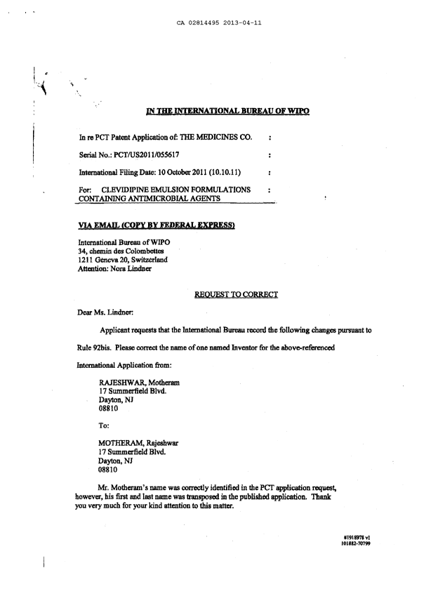 Document de brevet canadien 2814495. Correspondance 20121211. Image 1 de 2