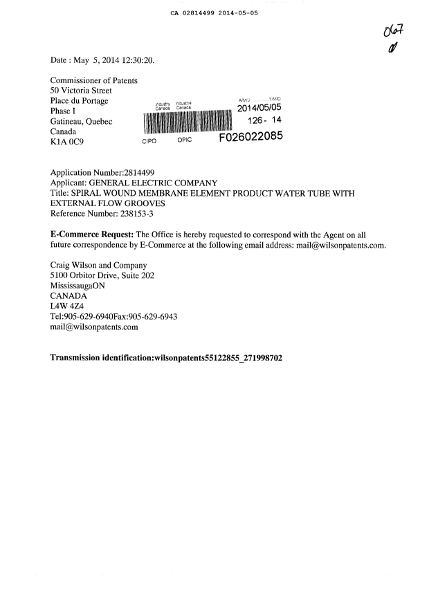 Document de brevet canadien 2814499. Correspondance 20140505. Image 1 de 1