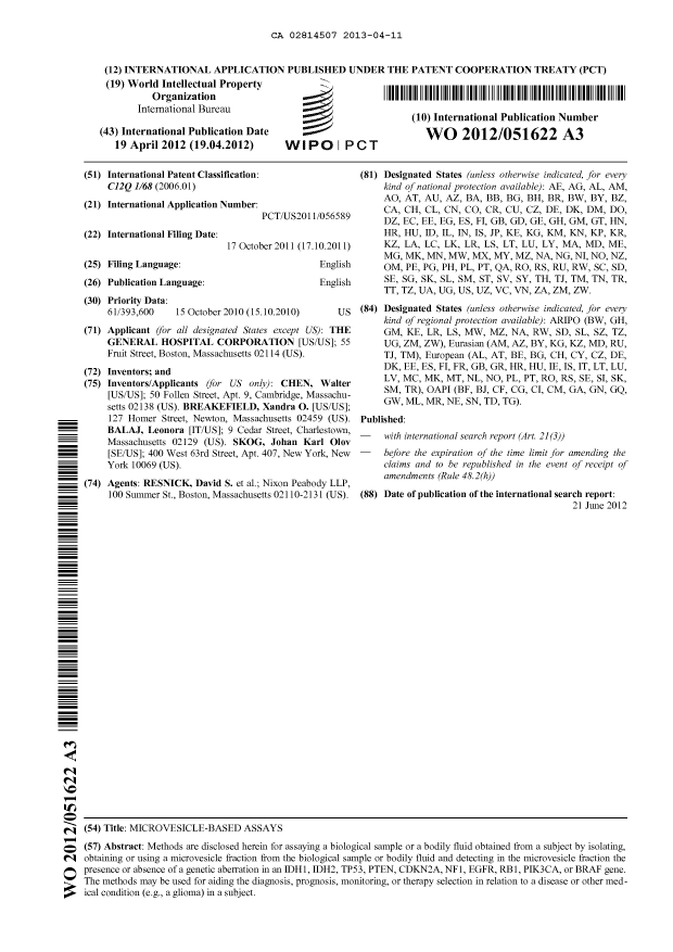 Document de brevet canadien 2814507. Abrégé 20121211. Image 1 de 1
