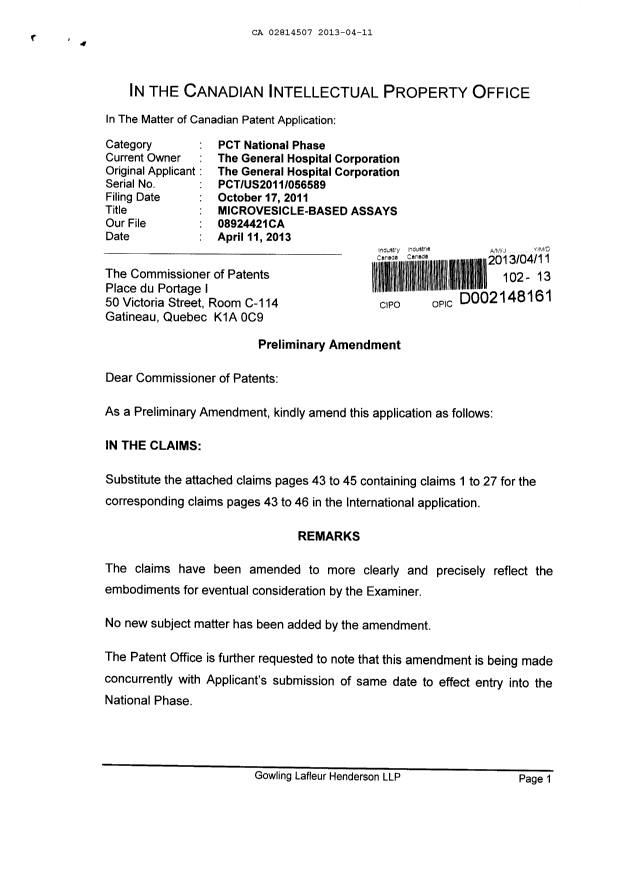 Document de brevet canadien 2814507. Poursuite-Amendment 20121211. Image 1 de 5