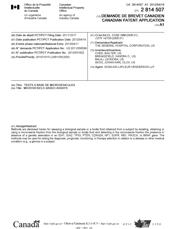 Document de brevet canadien 2814507. Page couverture 20121225. Image 1 de 1
