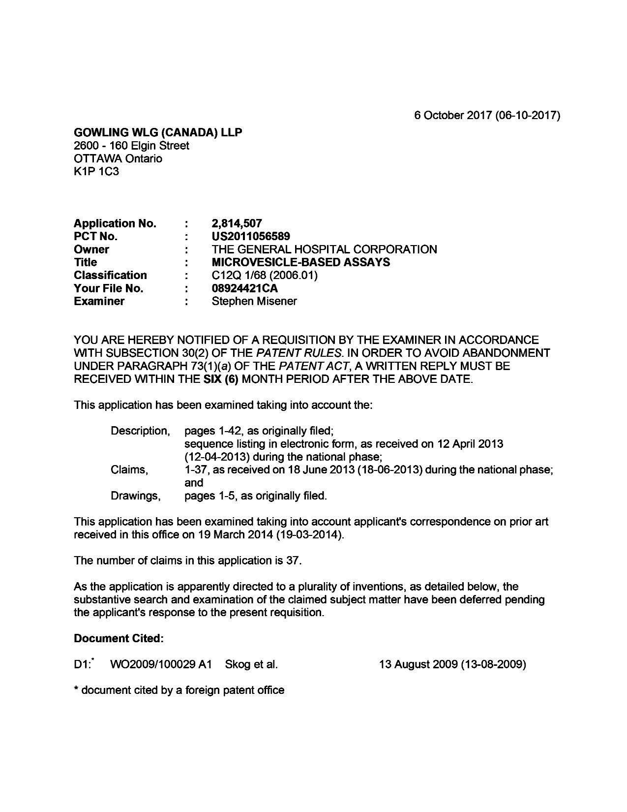 Canadian Patent Document 2814507. Prosecution-Amendment 20161206. Image 1 of 5