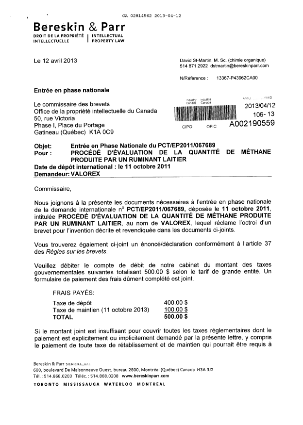 Document de brevet canadien 2814562. Cession 20130412. Image 1 de 5