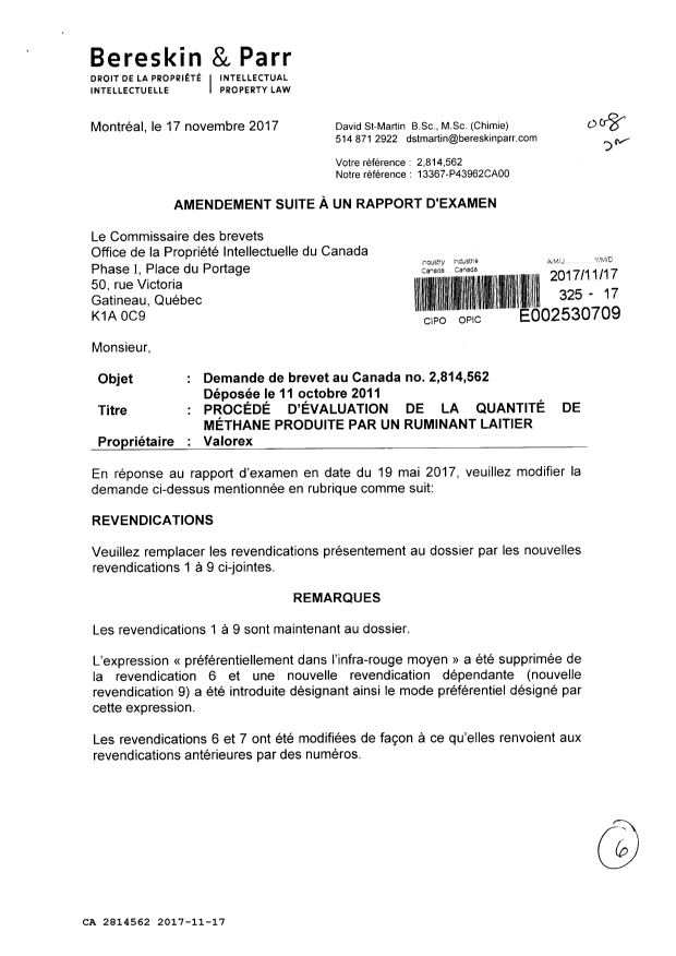 Document de brevet canadien 2814562. Modification 20171117. Image 1 de 6