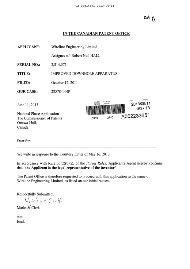 Document de brevet canadien 2814571. Correspondance 20121211. Image 1 de 1