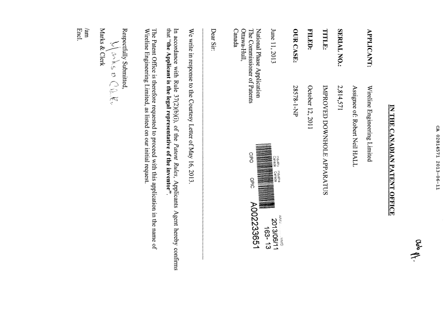 Document de brevet canadien 2814571. Correspondance 20121211. Image 1 de 1