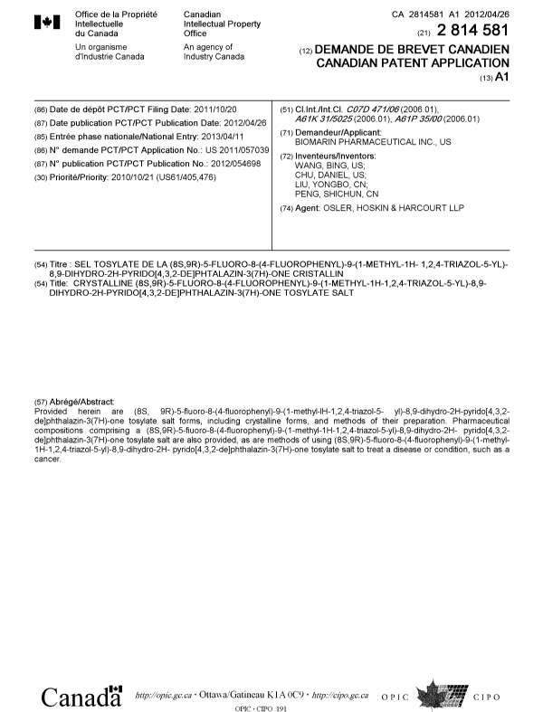 Canadian Patent Document 2814581. Cover Page 20121225. Image 1 of 1