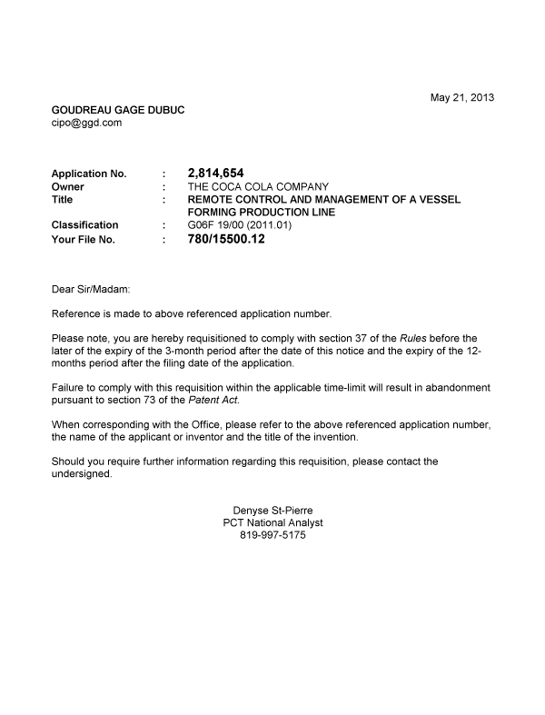 Canadian Patent Document 2814654. Correspondence 20130521. Image 1 of 1
