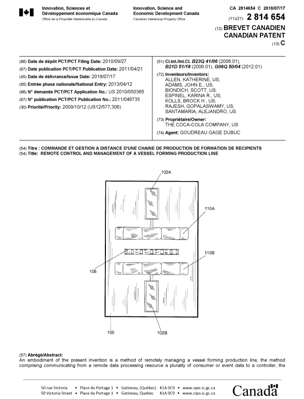 Document de brevet canadien 2814654. Page couverture 20180618. Image 1 de 2