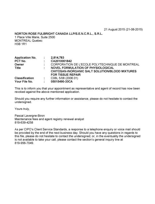 Document de brevet canadien 2814783. Correspondance 20141221. Image 1 de 1