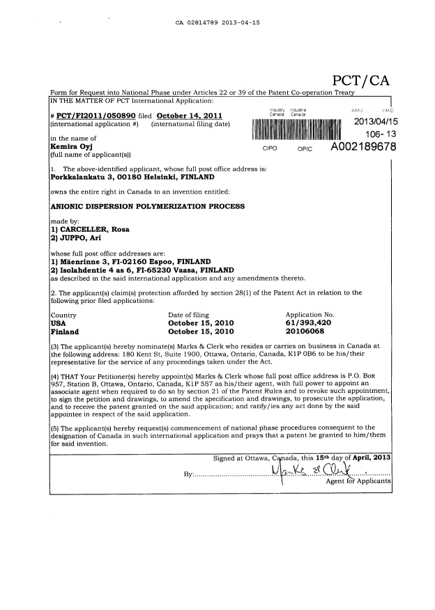 Canadian Patent Document 2814789. Assignment 20130415. Image 2 of 2