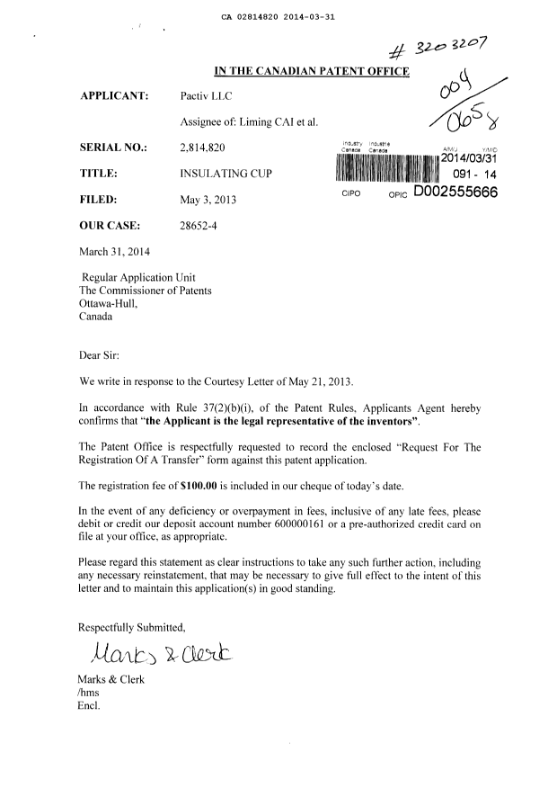 Document de brevet canadien 2814820. Correspondance 20131231. Image 1 de 1