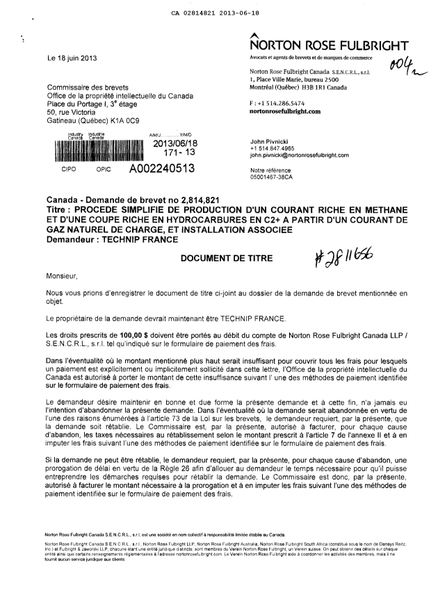 Canadian Patent Document 2814821. Assignment 20130618. Image 1 of 5