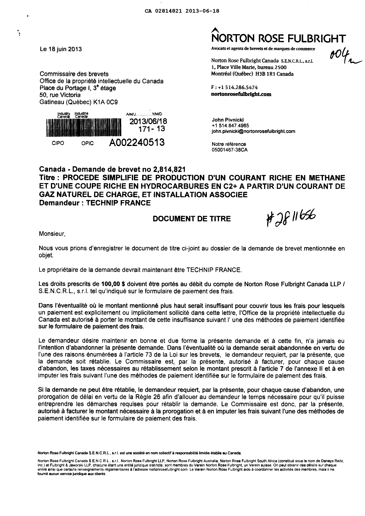 Document de brevet canadien 2814821. Cession 20130618. Image 1 de 5