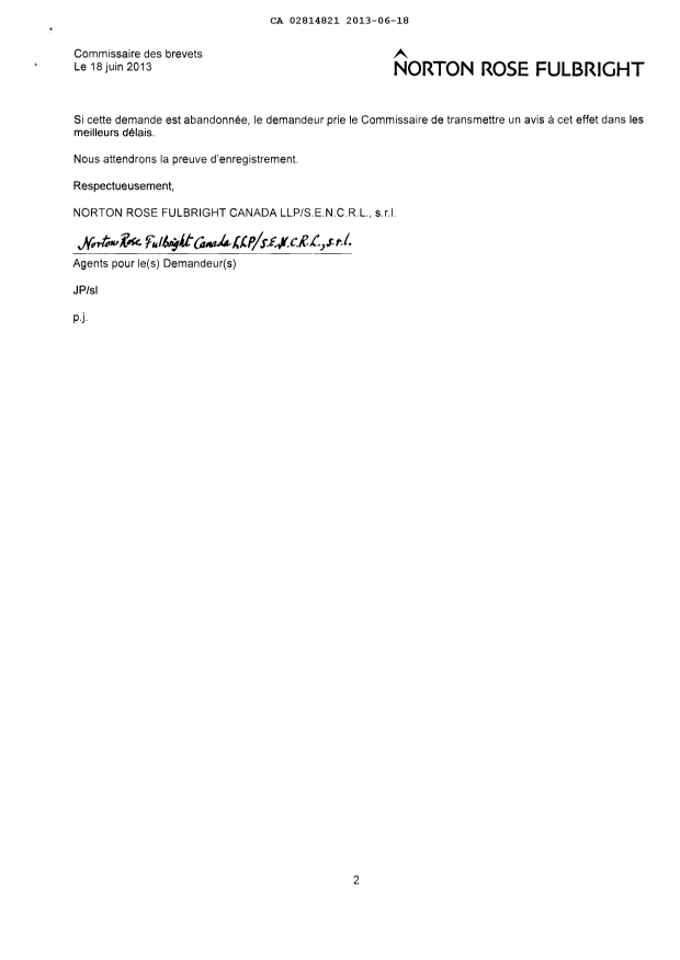 Document de brevet canadien 2814821. Cession 20130618. Image 2 de 5