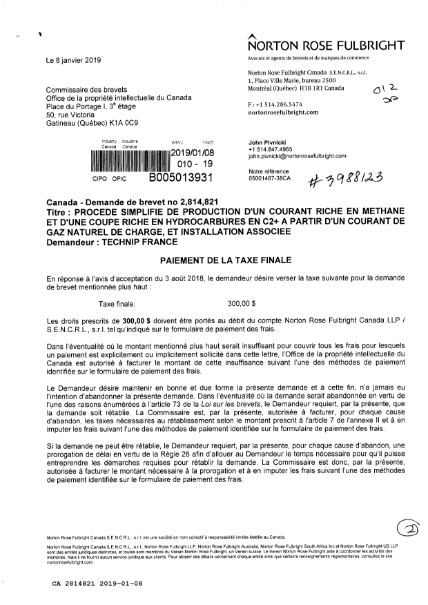 Document de brevet canadien 2814821. Taxe finale 20190108. Image 1 de 2