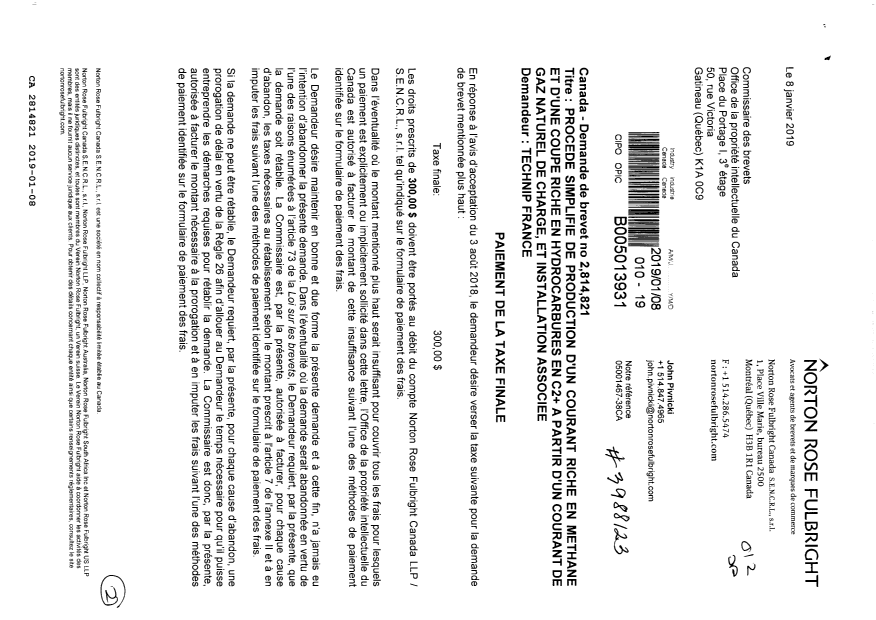 Document de brevet canadien 2814821. Taxe finale 20190108. Image 1 de 2