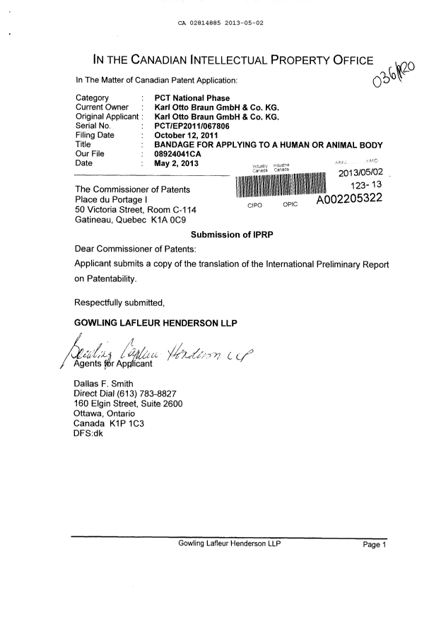 Document de brevet canadien 2814885. Correspondance 20130502. Image 1 de 1