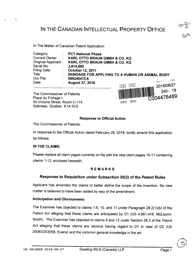 Canadian Patent Document 2814885. Amendment 20180827. Image 1 of 5