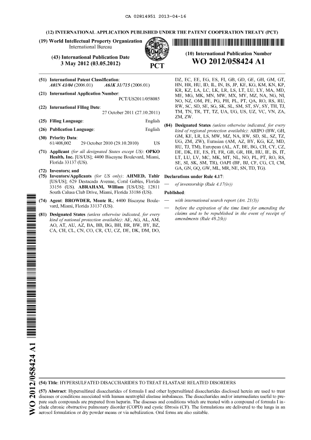 Document de brevet canadien 2814951. Abrégé 20121216. Image 1 de 1