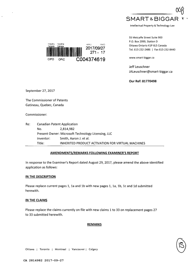 Document de brevet canadien 2814982. Modification 20170927. Image 1 de 15