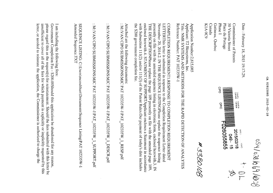 Document de brevet canadien 2815085. Poursuite-Amendment 20141218. Image 1 de 5