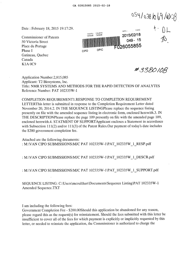 Document de brevet canadien 2815085. Correspondance 20150218. Image 1 de 3