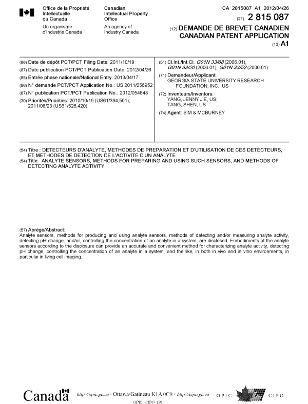 Document de brevet canadien 2815087. Page couverture 20121226. Image 1 de 1