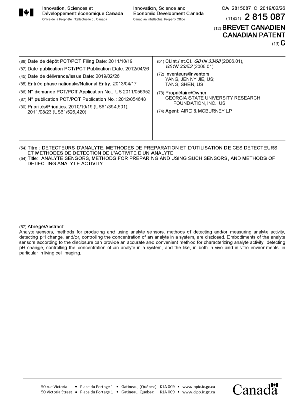 Canadian Patent Document 2815087. Cover Page 20190128. Image 1 of 1