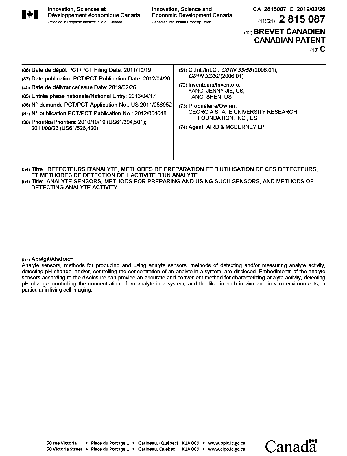 Document de brevet canadien 2815087. Page couverture 20190128. Image 1 de 1