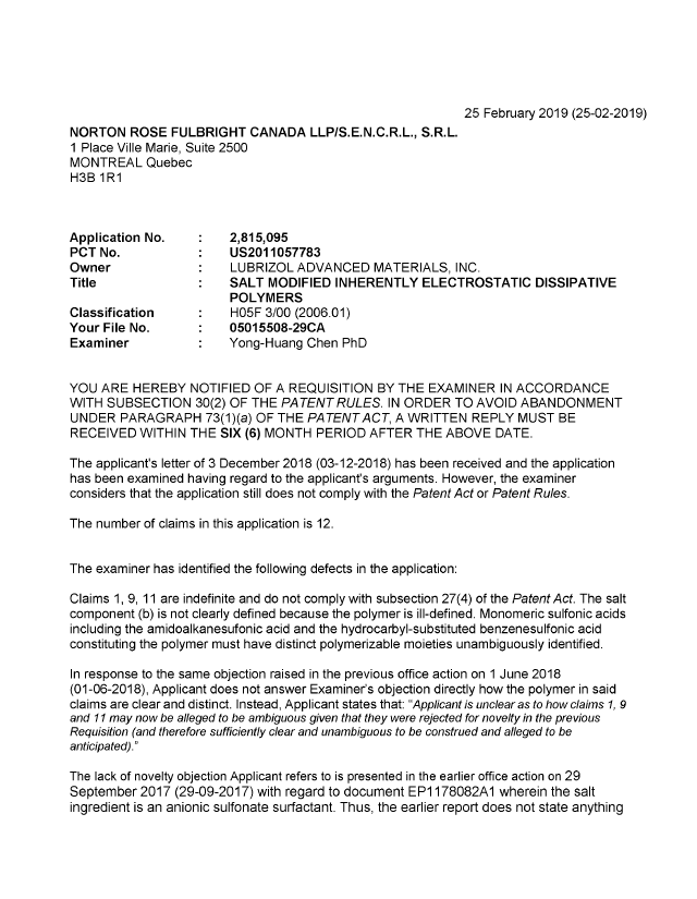 Document de brevet canadien 2815095. Demande d'examen 20190225. Image 1 de 4