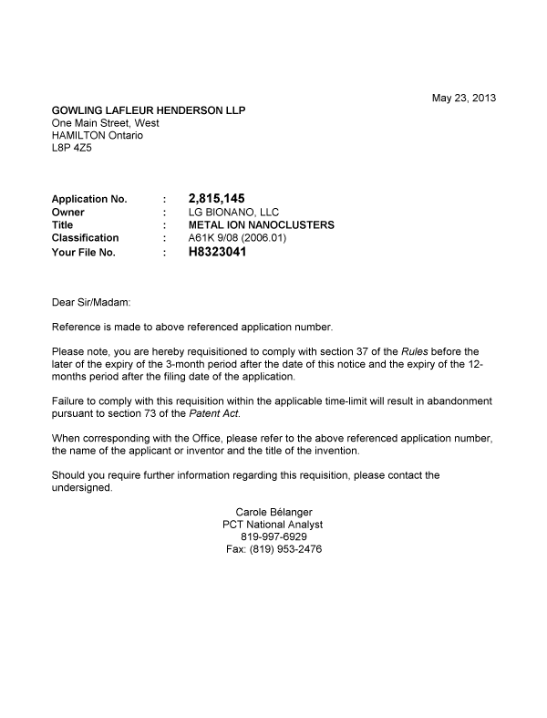 Document de brevet canadien 2815145. Correspondance 20121223. Image 1 de 1