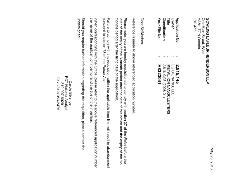 Canadian Patent Document 2815145. Correspondence 20121223. Image 1 of 1