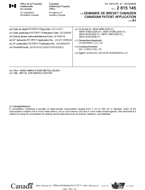 Document de brevet canadien 2815145. Page couverture 20121228. Image 1 de 1