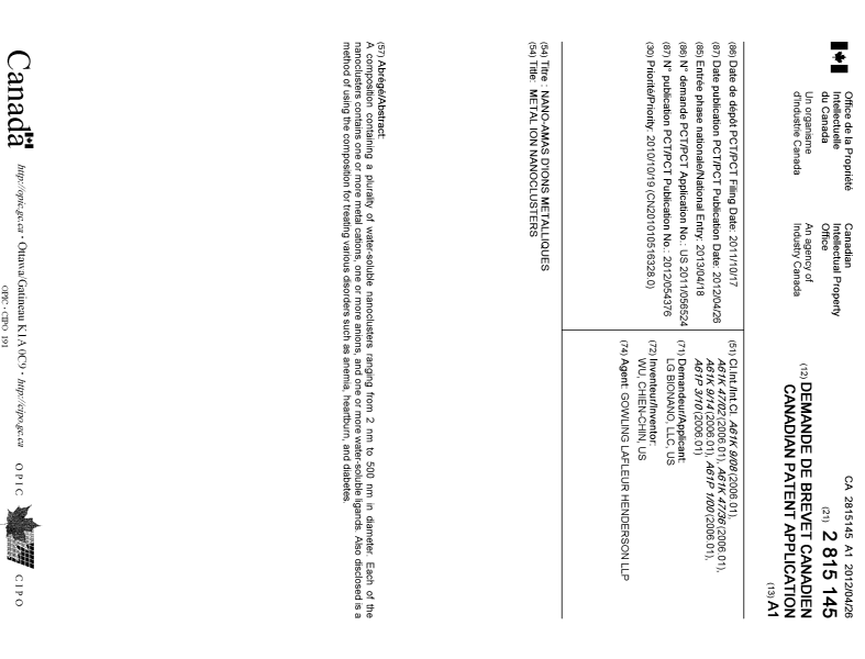 Document de brevet canadien 2815145. Page couverture 20121228. Image 1 de 1