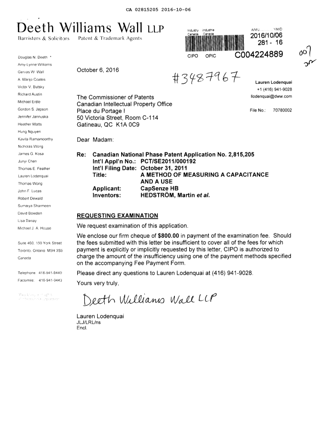 Document de brevet canadien 2815205. Poursuite-Amendment 20151206. Image 1 de 1